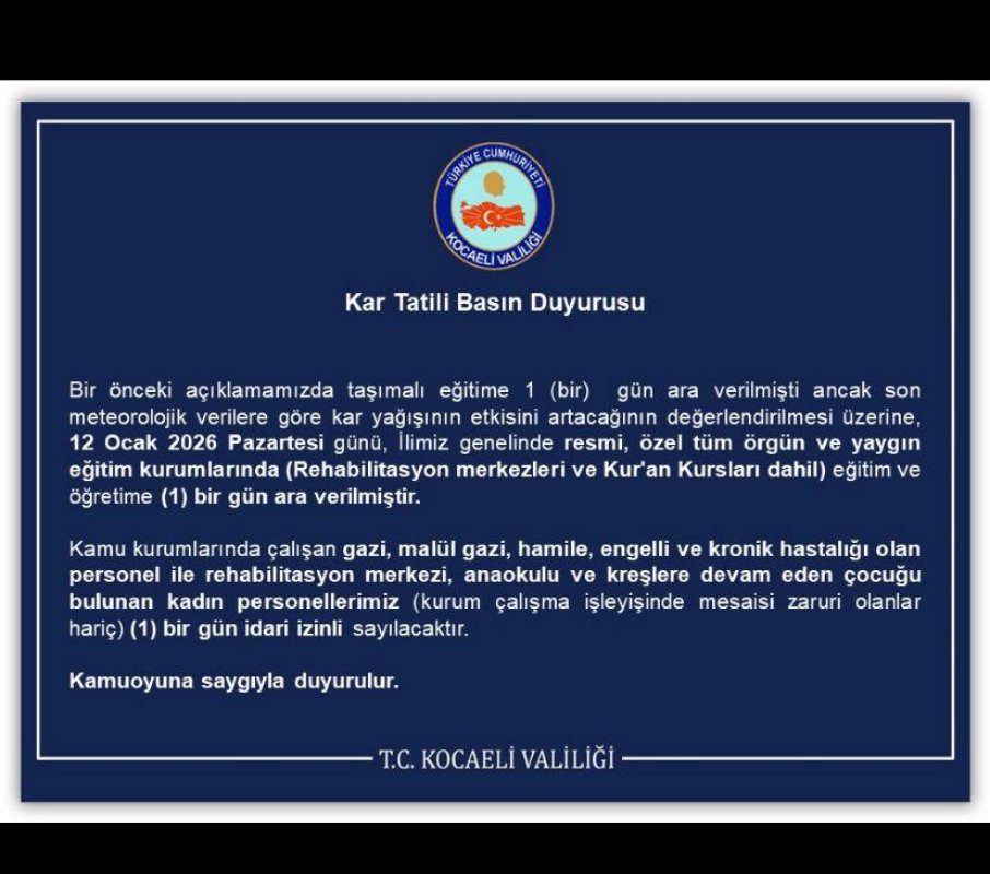  Kocaeli’de Kar Nedeniyle Eğitime 1 Gün Ara